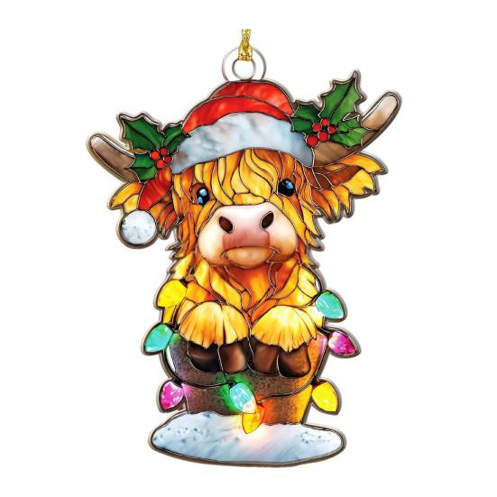 Рождественское украшение «Шотландская высокогорная корова» с эффектом витража, подвеска на окно, декор «Шотландская высокогорная корова», деревенский акриловый шотландский ловец солнца для декора фермерского дома, украшение на елку