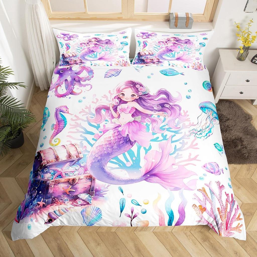 Cute Mermaid Tail Duvet Cover Set Queen King Size Fairy Tale Themed Princess Bedding 3 Pcs For Girls Bedroom Decor Super Soft