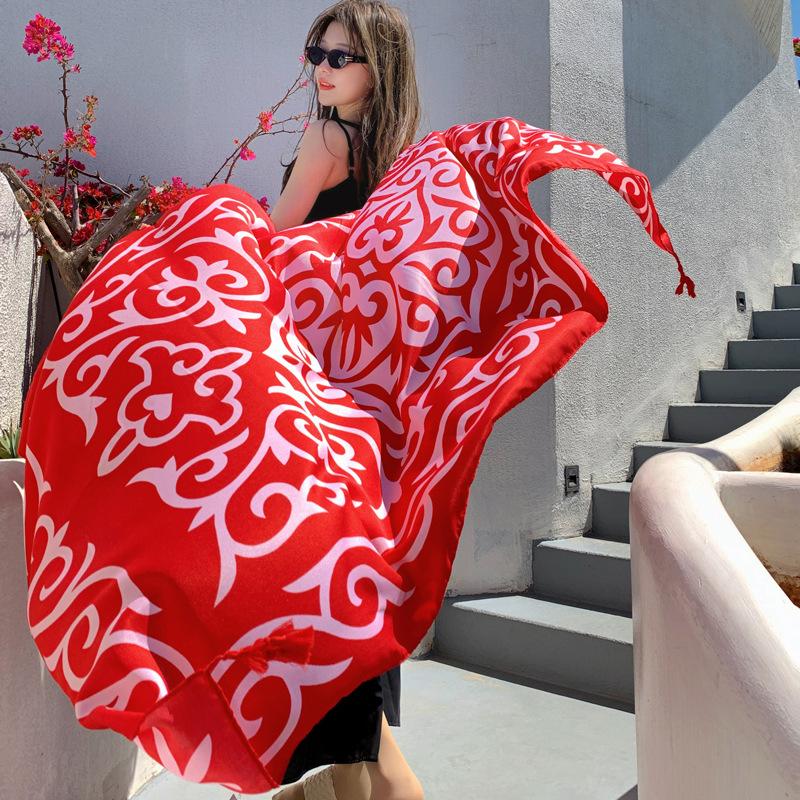 180Cm Leopard Print Flower Ethnic Style Scarf For Women'S Summer Sun Protection Silk Scarf, Paired With A Shawl Cape Beach Scarf