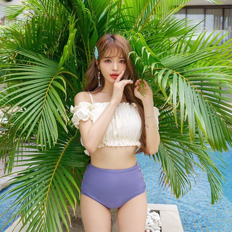Ruffles [88flix] Swimsuit, Korean, Off-the-shoulder, Body-covering, Separate, High-waisted, Women's, (M)