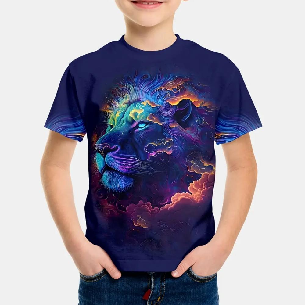 Boys Kids Clothes Print Fierce Lion Graphic T Shirts Summer Outdoor Crew Neck Short Sleeves Casual Outdoor Clothes for Children