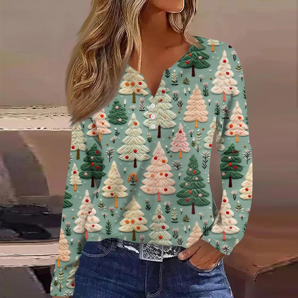 Women's Fashion Casual V-Neck Button-Up Long-Sleeve T-Shirt With Christmas Print Top