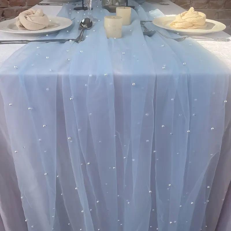 Wedding Pearl Chiffon Decorative Tablecloth Solid Color Mesh Dessert Tablecloth Lace Bridal For Wedding Birthday Party Supplies