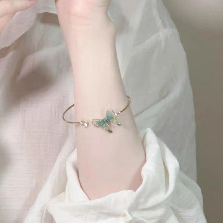 Retro Forest Series: Gradient Green Tail Butterfly Bracelet & Adjustable Ring Set