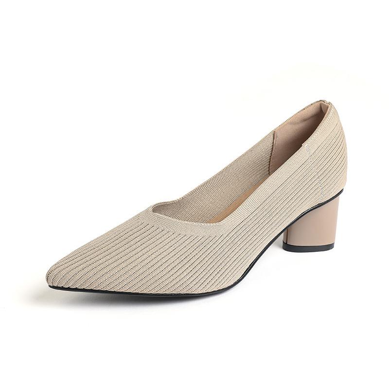 Мода 2025 Острый носок Средний каблук Дышащие Удобные Вязаные туфли Женские Неглубокий вырез Массивный каблук Мода Zapatos De Mujer Туфли-лодочки