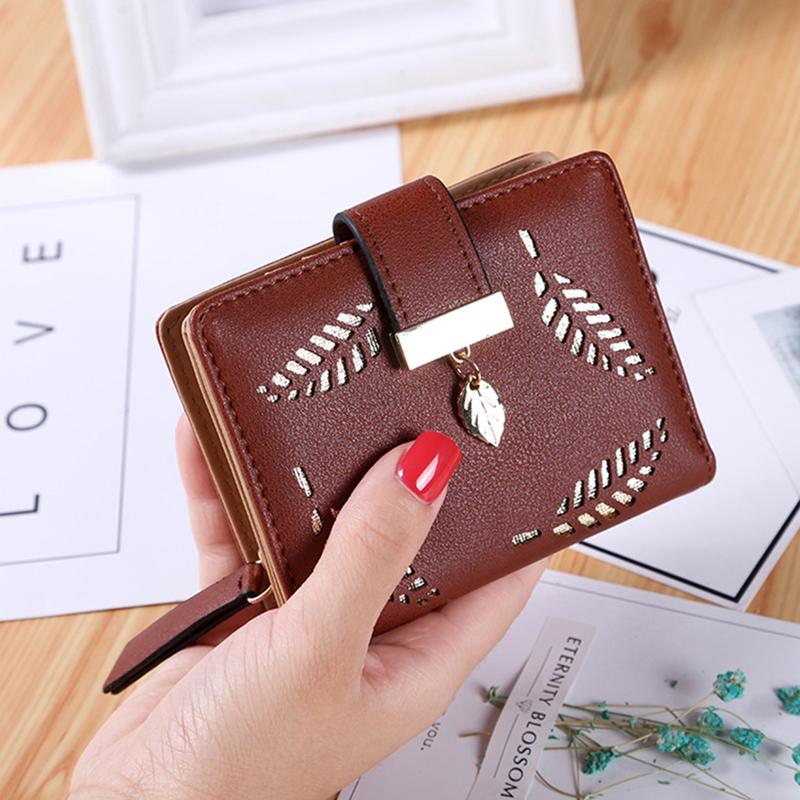 Yogodlns Women Short Standard Leather Wallet Hollow Out Leaves Decor Female Day Clutch Card Holder Money Purse Bags