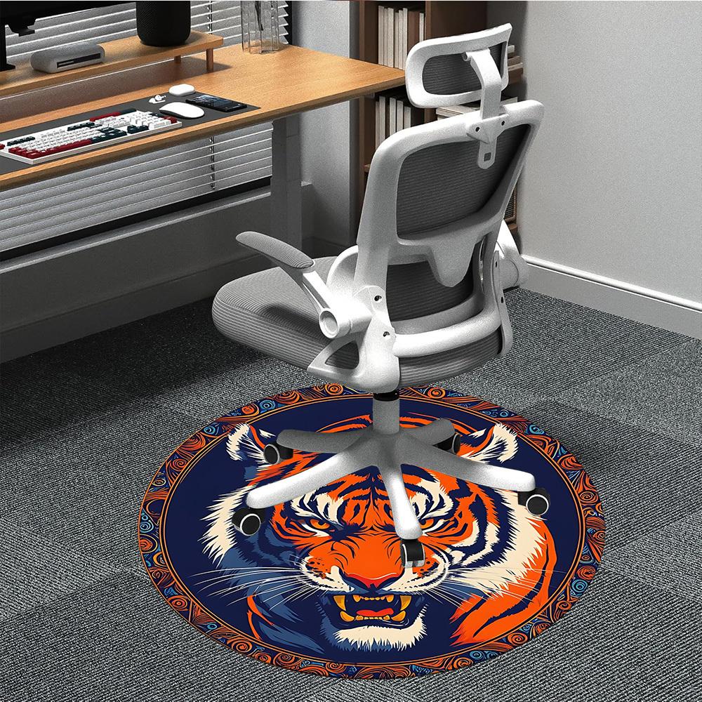 1pc Tiger Face Chair Carpet for Office, Round Polyester Mat, Indoor Decor for Office, Easycare Fabric, Washable Non-slip Area Carpet