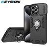 KEYSION Shockproof Armor Case for iPhone 16 Pro Max Silicone+PC Slide Camera Protection Ring Stand Phone Cover for iPhone16 Plus