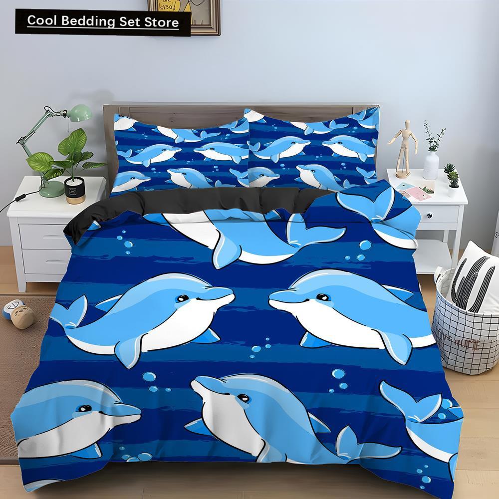 Bule Dolphin Whale King Queen Duvet Cover Underwater World Bedding Set Cartoon Sea Animal Comforter Cover Polyester Quilt Cover