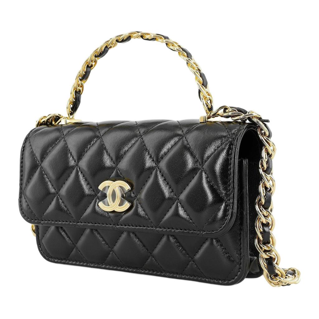 Chanel Classic Flap CF 23A Vintage Handle Diamond Quilted Polished Lambskin Embossed Buckle Leather Chain Women's Regular Shoulder Crossbody Bag Black