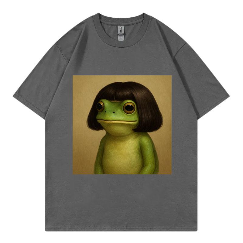 Funny Frog Wearing Wig Meme Graphic T Shirts Fashion Vintage Short Sleeve Tshirts Unisex Unisex Casual Cotton Tshirt Streetwear