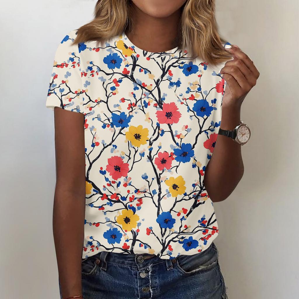 Women's Fashion Casual Printed Round Neck Short Sleeved T-Shirt Top T-Shirt Top Top