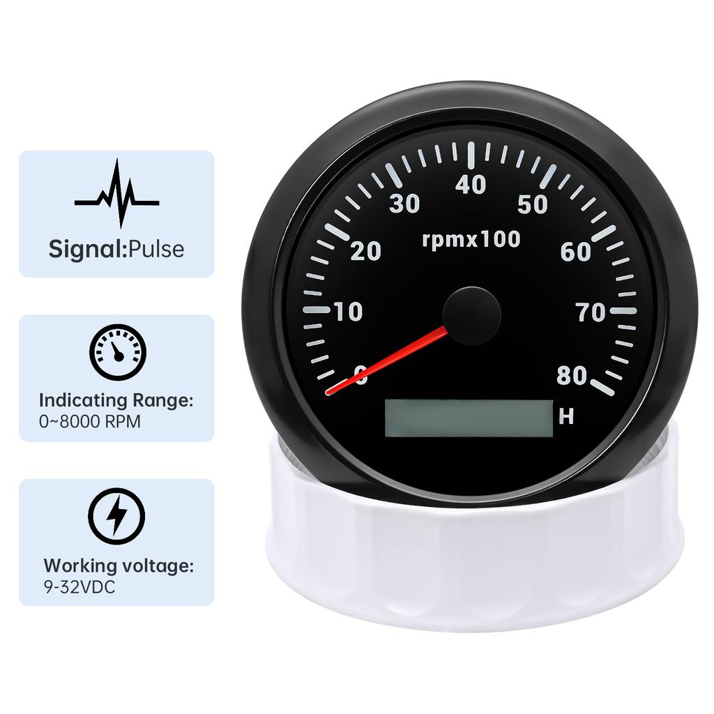 Round Auto RPM Tachometer 8000 RPM Tacho Gauge with LCD Light Car Digital Hourmeter Marine Outboard Diesel Engine 7Colors Change Coolant Temperature