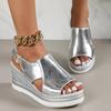 Silver PU Leather Wedge Sandals for Women Summer Sexy Hollow Out Peep Toe Platform Shoes Woman Fashion Big Size Party Shoes