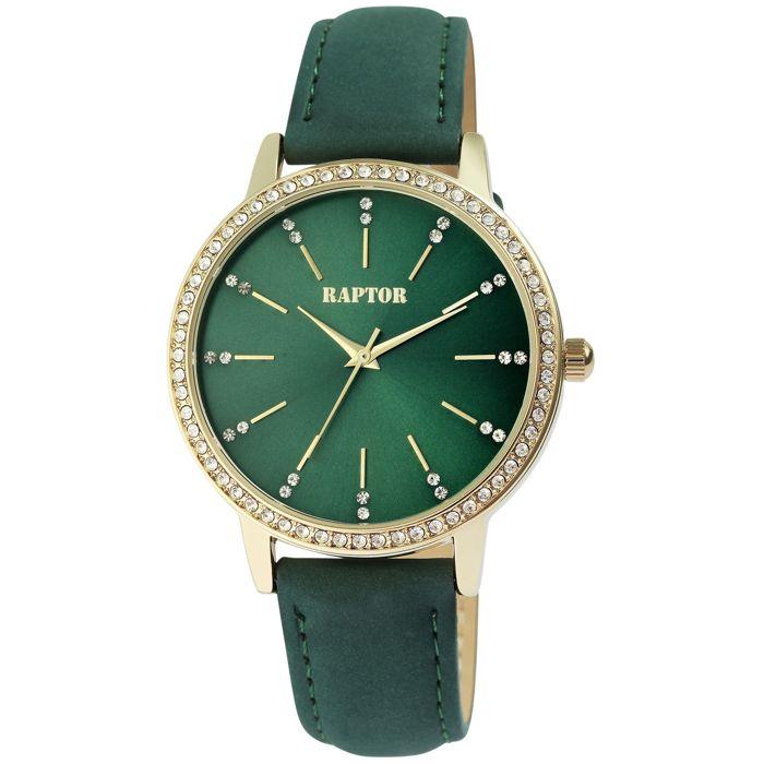Montre femme - RAPTOR - Brilliance - Cadran vert - Bracelet cuir 18 mm - Boîtier doré 40 mm