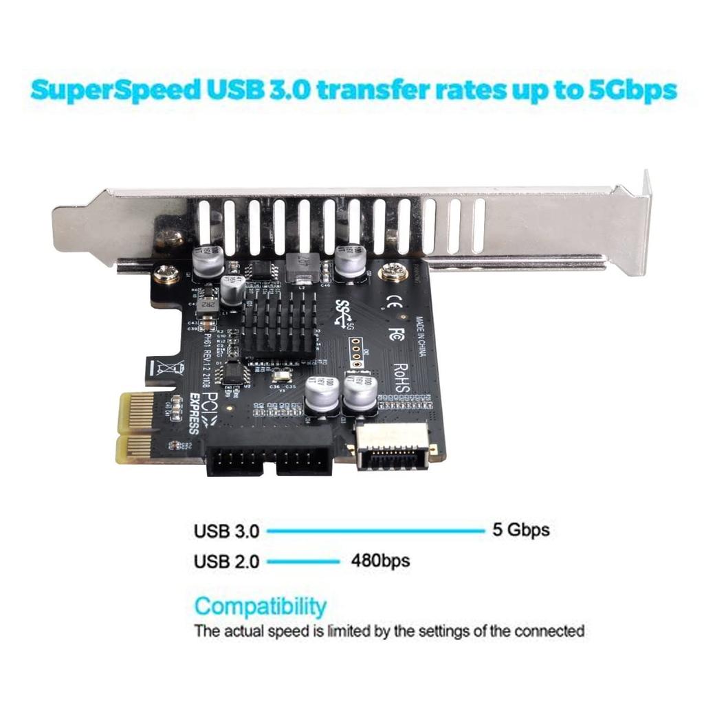 Адаптер USB 3.1 Type-E 5 Гбит/с для передней панели (IDC-разъем) и USB 3.0 20-контактный на карту PCI-E 1X Express (VL805) для настольных материнских плат