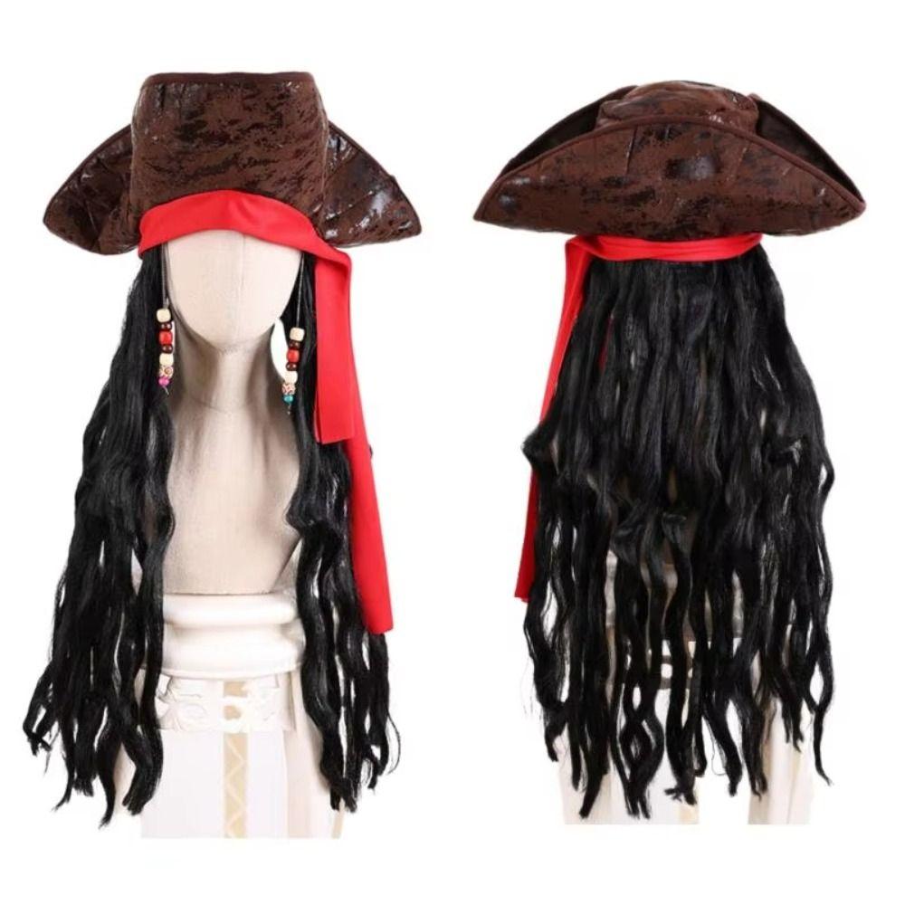 Black Long Captain Cos Wig Stage Performance Cosplay Wig Fashion Pirate Hat Adult Men's