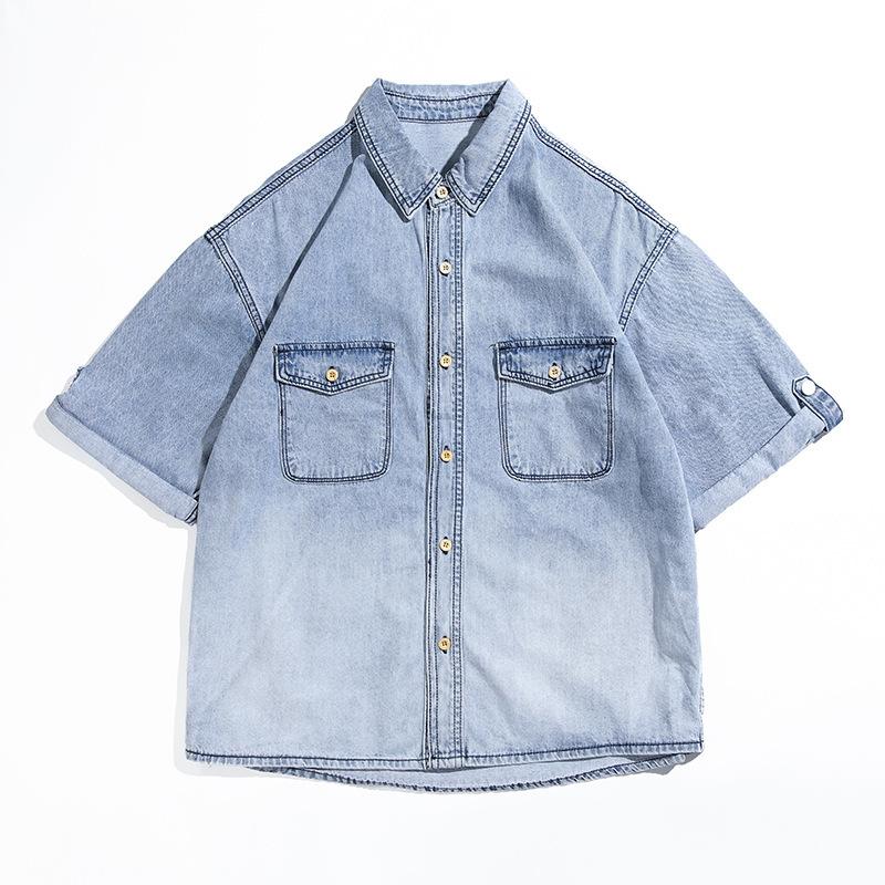 Summer Washed Fashion Jacket Short-Sleeved Men'S Jacket With Thread Lapel Slim-Fitting Simple Casual Denim Shirt
