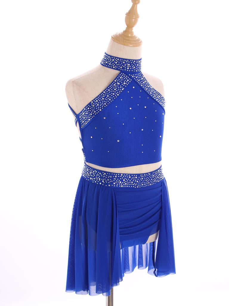 Girls Sparkly Rhinestones Lyrical Ballet Dance Dance Outfit Gymnastics Athletic Activewear Set Dancing Competition Performance