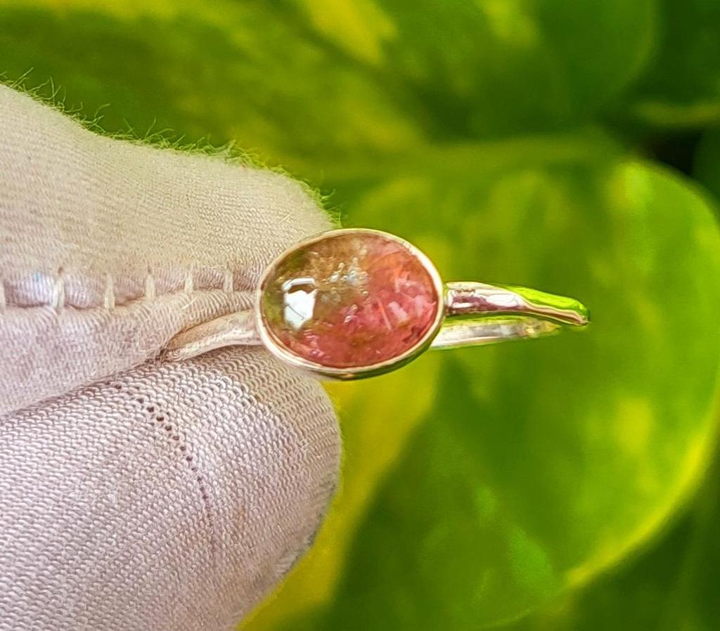 Natural Gemstone Bi Color Tourmaline 925 Sterling Silver Hammer Ring Sz 8.25 US