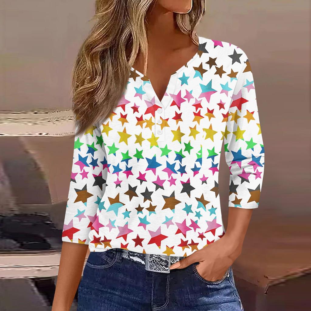 Жен. Футболка Футболка С принтом Пуговицы Рукав 3/4 Повседневные Выходные Мода Классический Классический V-образный вырез Обычный Верх