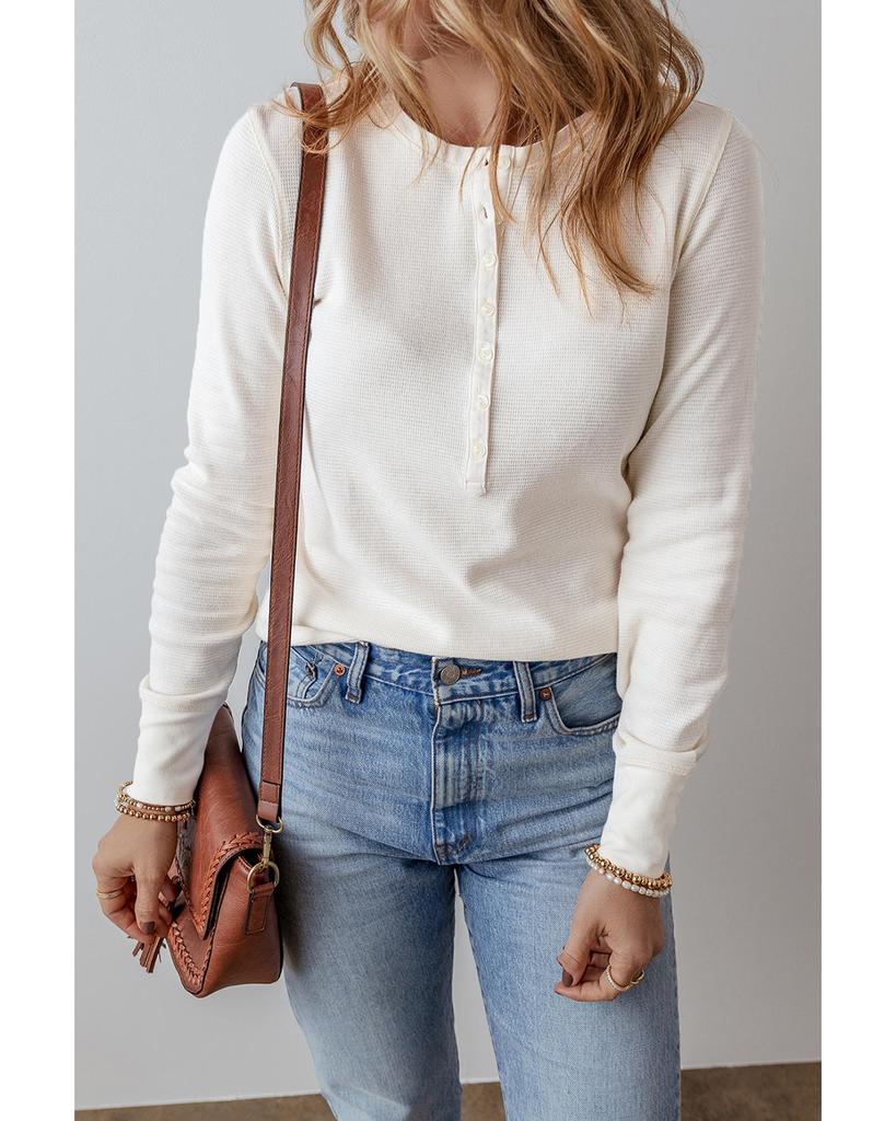 Azura Exchange Белый однотонный вафельный топ с длинным рукавом и застежкой на полпуговицы