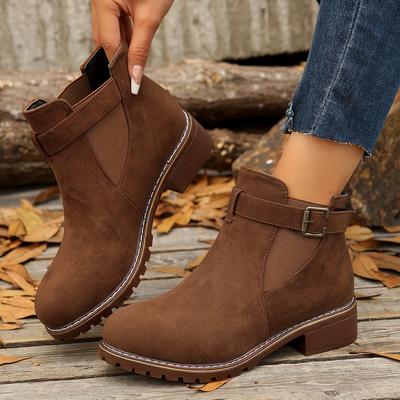 Женские ретро-ботфорты с пряжкой на плоской подошве, повседневные туфли на низком каблуке из ткани с круглым носком и подошвой из термопластичной резины