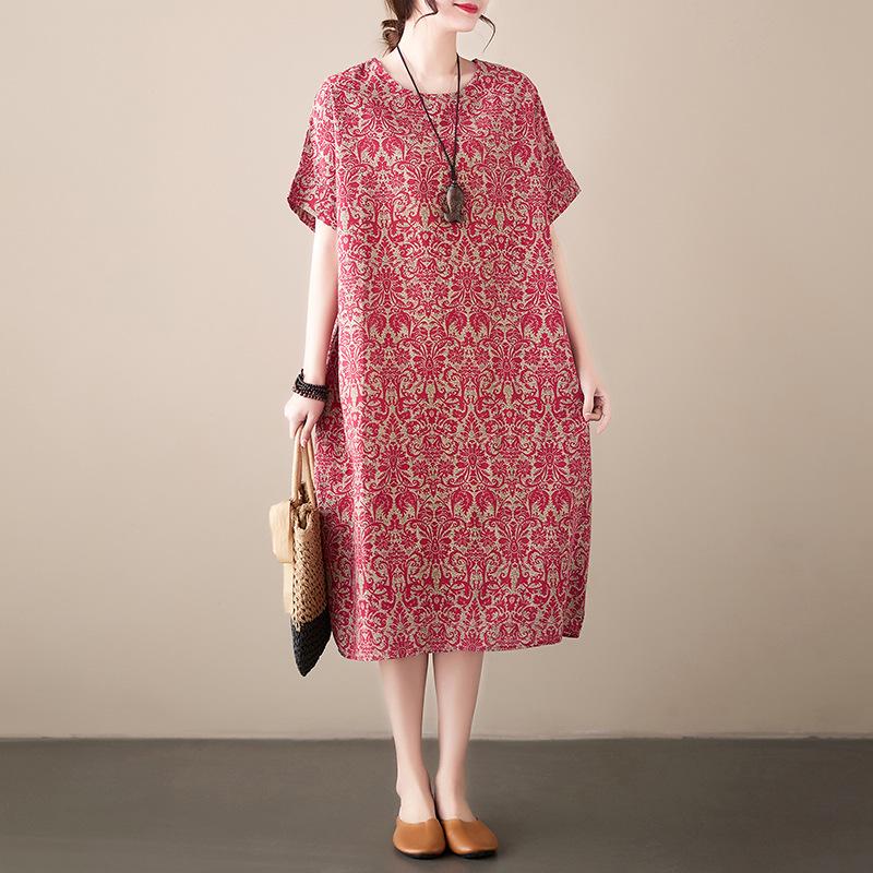 Летнее ретро свободное женское платье средней длины