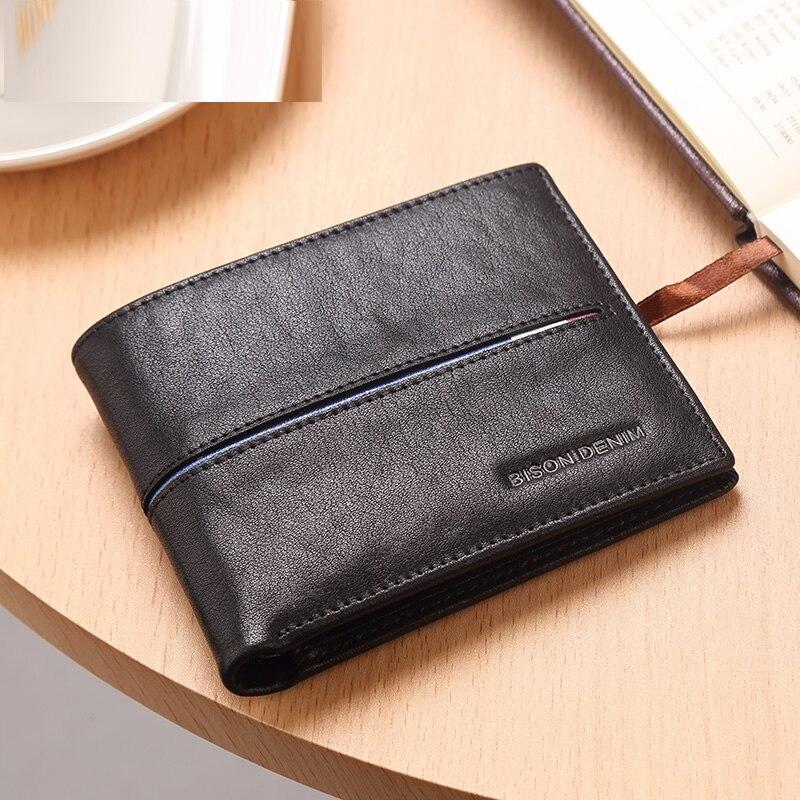 Bison Denim Модные роскошные мужские кошельки из натуральной кожи, короткий дизайн, мужской тонкий двойной кошелек, карманный кошелек