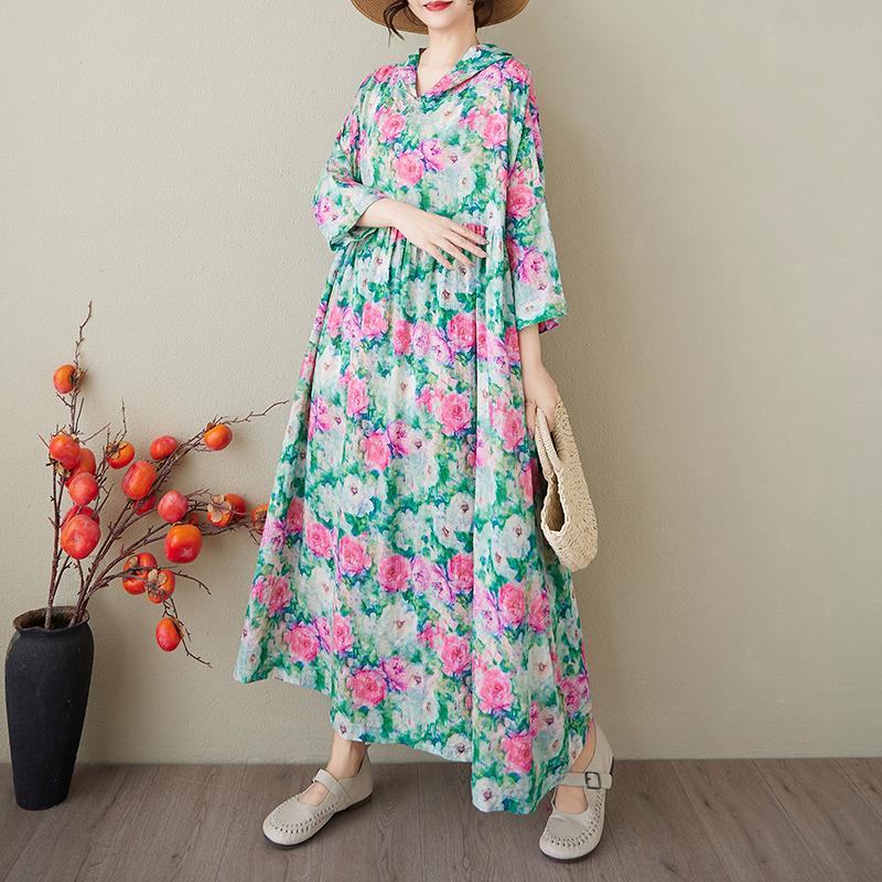 DIMANAF 2025 Плюс Размер Летнее Платье-Шляпа Женское Повседневное Винтажное Длинное Платье Свободное Цветочное Печать Льняное Платье Макси