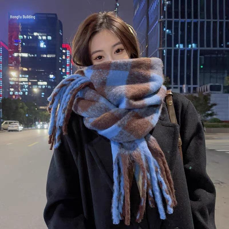 Korean-Style Plaid Cashmere-Inspired Scarf: Warm, Versatile Winter Shawl for Women