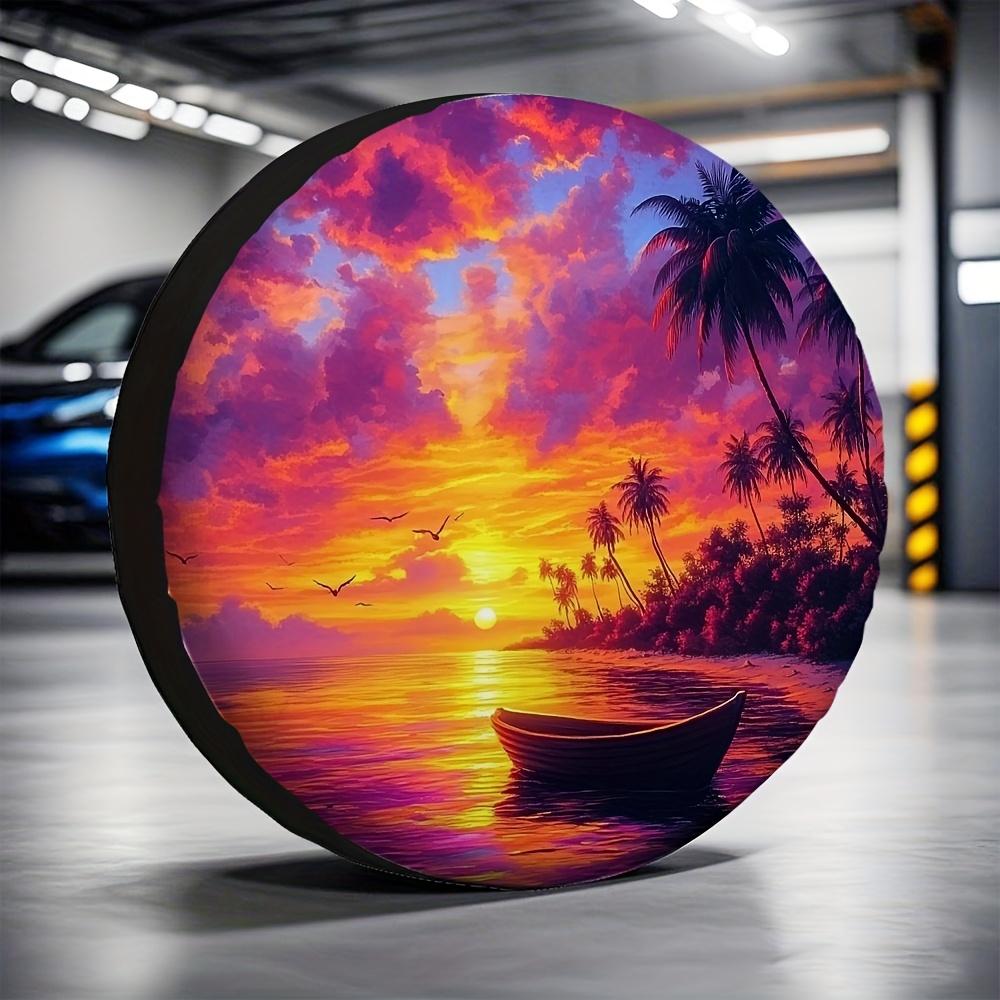 1pc Tropical Sunset Scene Tire Cover - Vibrant Beach & Palm Tree Design, Polyester, No Electricity Needed, Perfect For All Vehic
