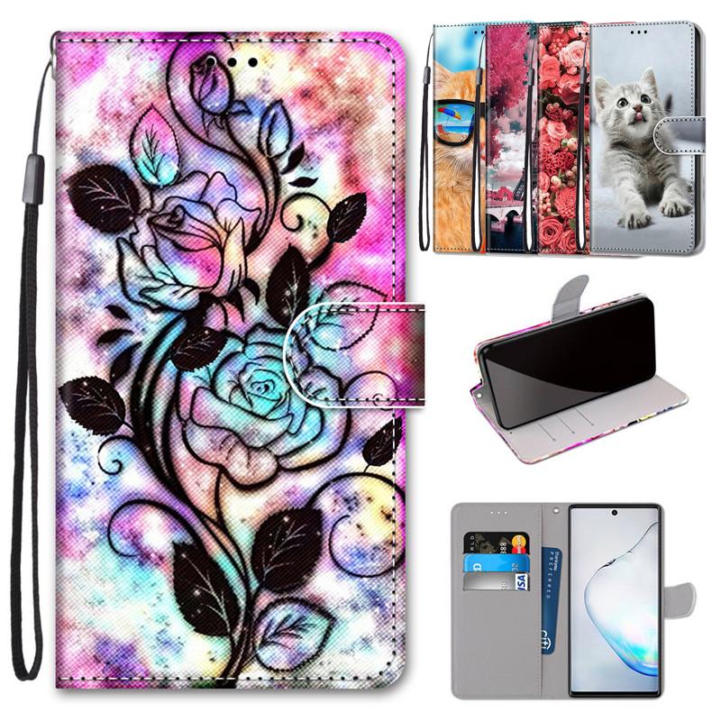 Fashion Painted Pattern Cover Lanyard Flip Leather Case For iPhone Samsung Huawei Honor Xiaomi Redmi OPPO Realme Moto Asus