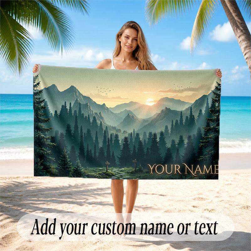 Mountain Landscape Theme Soft Beach Towel Personalized Custom Name Text Towel Portable for Beach Pool Travel