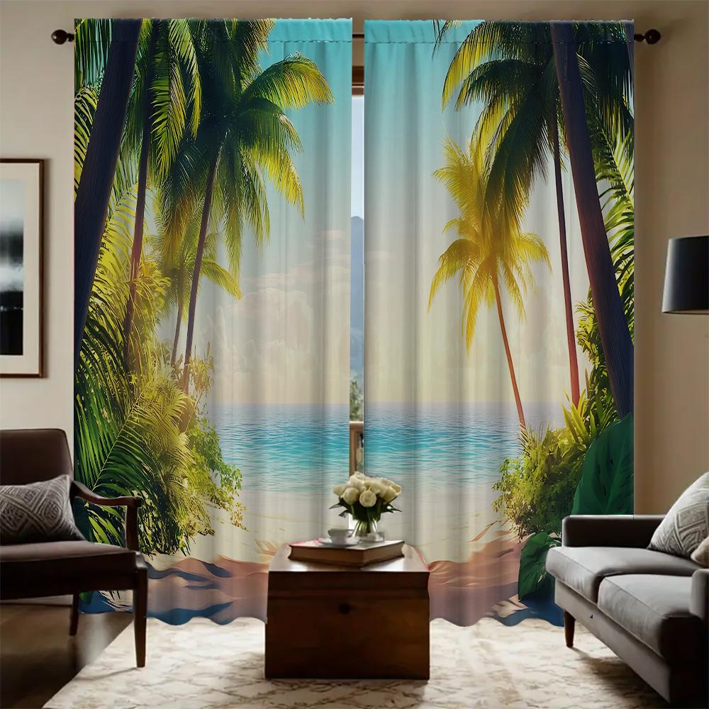 Home Coconut Tree Sea View Curtains Landscape Background Kitchen Coffee Shop Living Room Curtain For Great Made Of Polyester With Pole Pocket