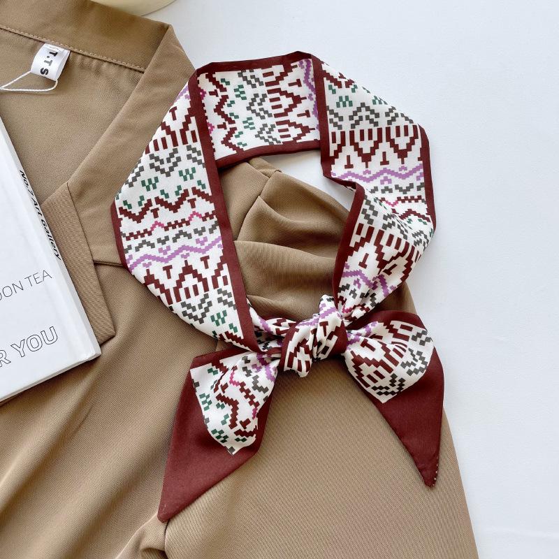 Retro Geometric Print Silk Scarf: Versatile Tie for Hair, Bags, and Headbands