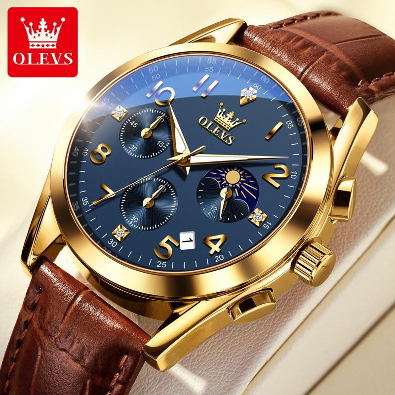 Men's Trendy and Fashionable Three Eye Six Needle 24-hour Moon Phase Dial Light Luxury Wristwatch Waterproof Luminous Quartz Watch