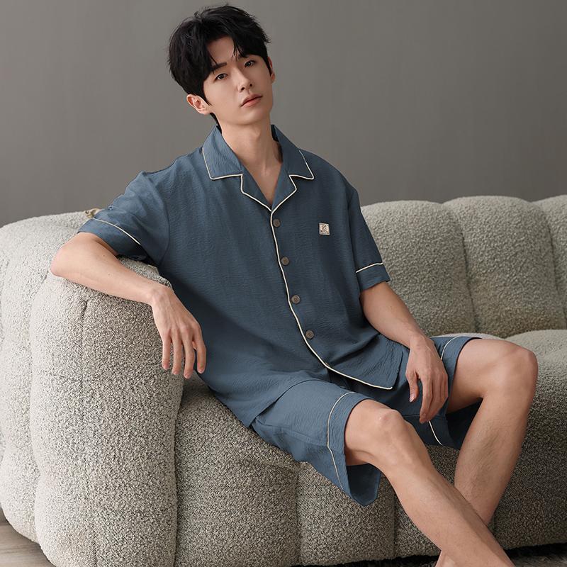 Новый летний тонкий хлопковый мужской пижамный комплект с коротким рукавом, кардиган, однотонная мужская пижама, домашняя одежда, топы и шорты, комплект из 2 предметов для сна
