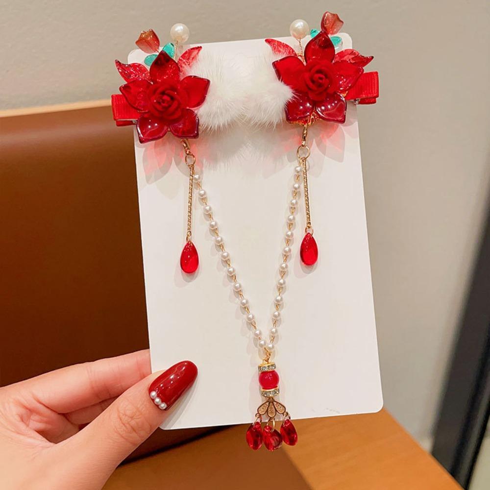 Hanfu Headwear Chinese Style Red Barrettes Forehead Chain Ancient Style Hair Clip  Festival