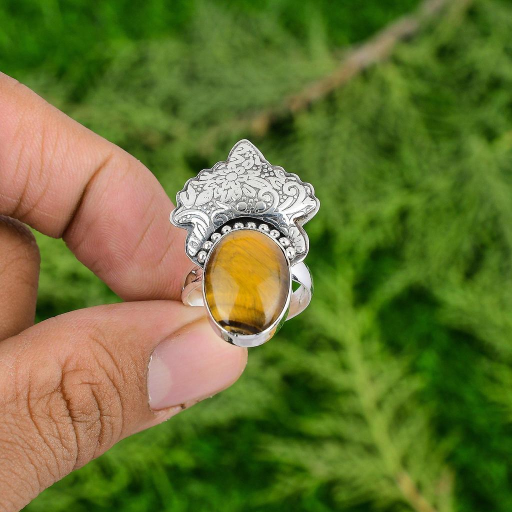925 Sterling Silver Tigers Eye Stone New Statement Birthday Sister Ring Jewelry