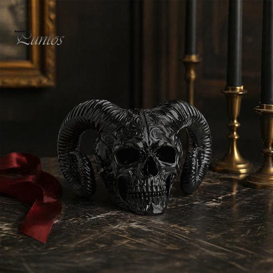 Персонализированный Гот Декор Комнаты 3D Печатное Украшение Череп с Рогами Козла, Гот Дьявол с Рогами Барана Ручная Работа Стиль Настольный Череп, Хэллоуинская Темная Статуэтка для Дома