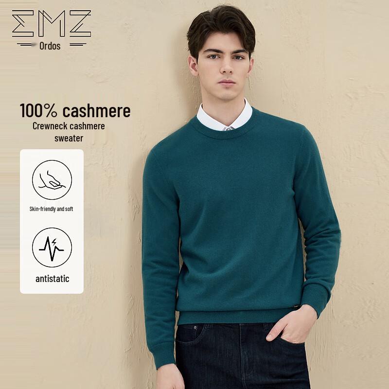 EMZ Erdos Men's 100% Cashmere Long-Sleeve Crew Neck Sweater