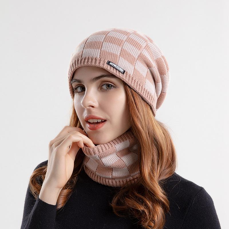 Winter Hat Scarf Set Fleece-lined Warm Earflaps Slipover Woolen Cap Women's Knitted Hat