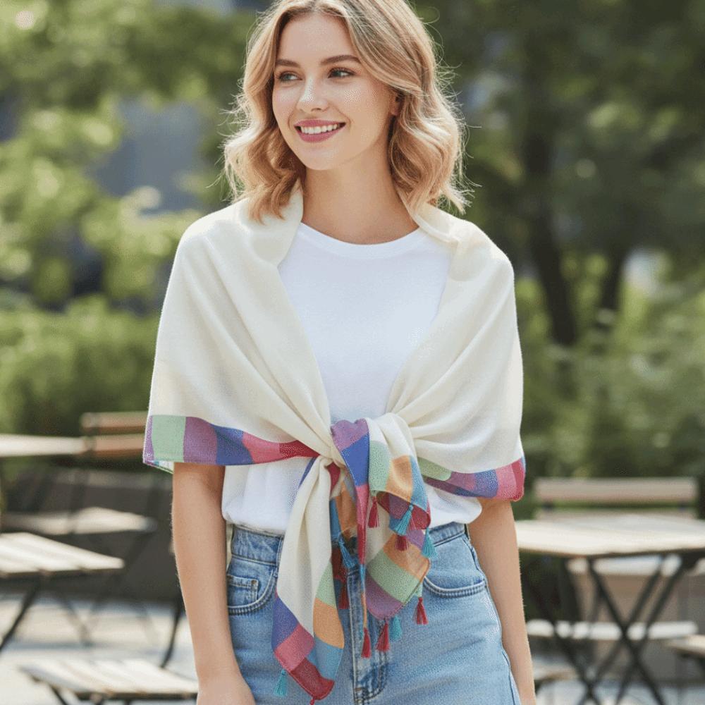 Soft Draped Gauze Shawl Rainbow Border Beach Scarf New Tassel Shawl Women Fashion