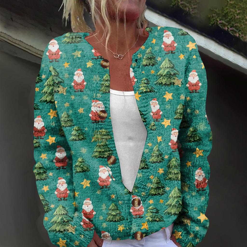 Women's Fashion Christmas Printed Long Sleeve Knitted Cardigan Button Down Jacket