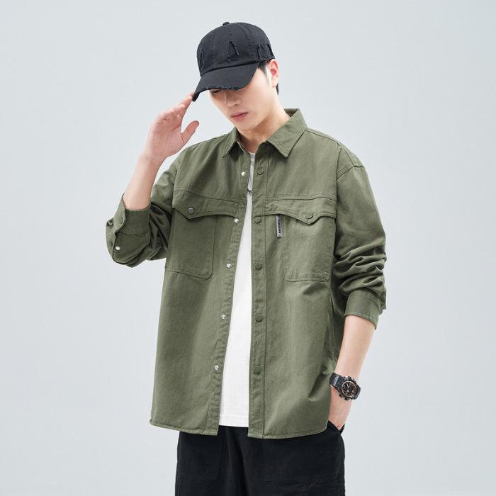 Heavy Washed Cotton Japanese Retro Trendy Brand Loose Casual Shirt Jacket Dark Gray Army Green Jujube
