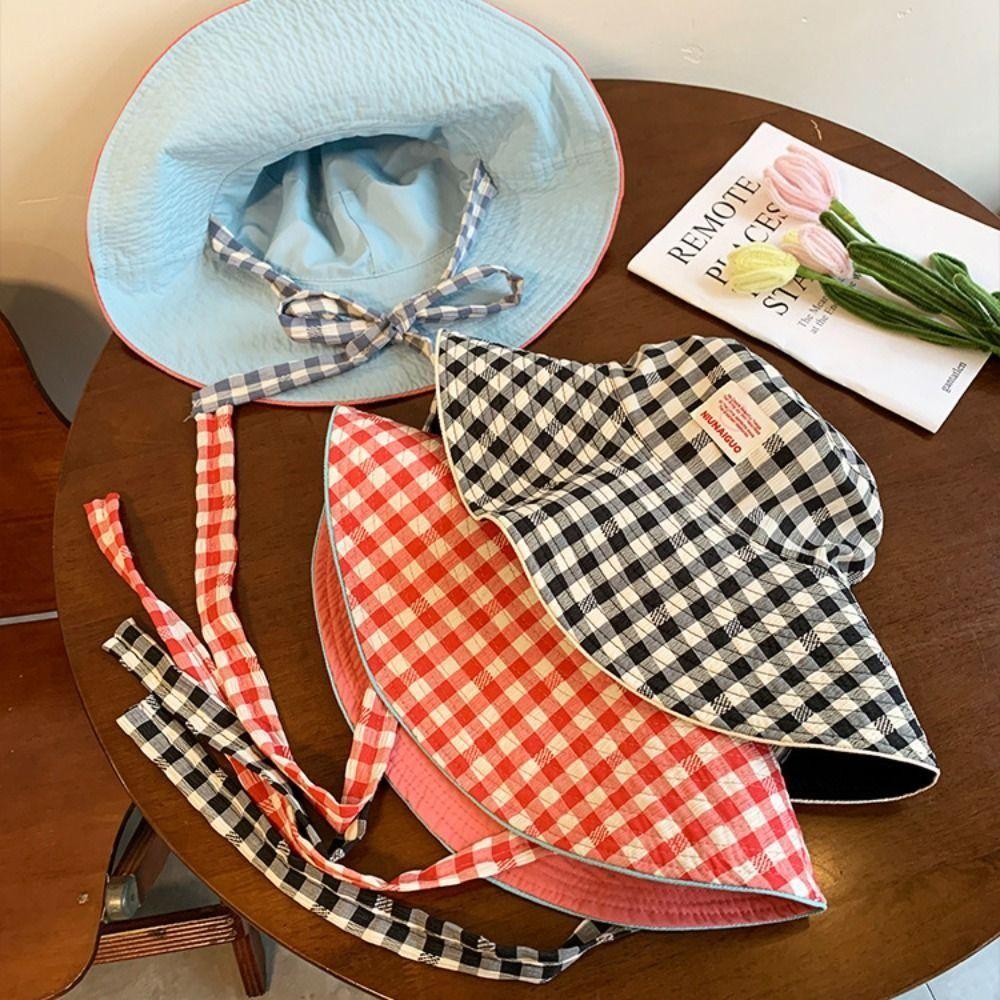Tie Strap Plaid Bucket Cap Summer Fisherman Caps Ins Sunscreen Hat Outdoor
