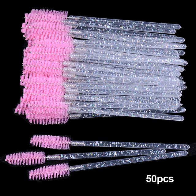 Shiny Crystal Disposable Eyelash Applicator 50pcs/Bag with Nylon Mascara Wands Spoolie Brushes for Lash Extension & Makeup Tools