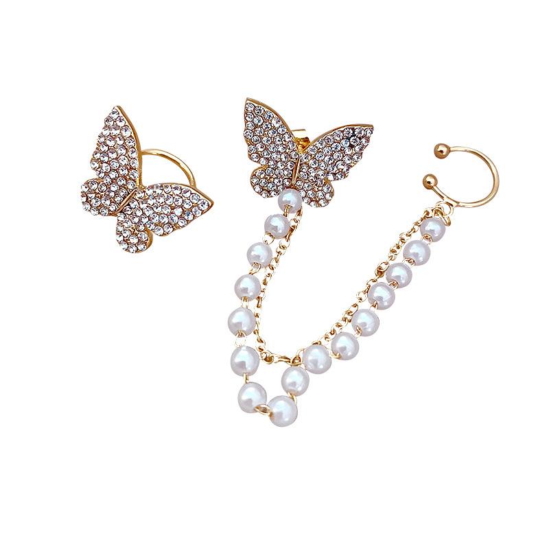 2PCS Fashion Zircon Butterfly Earrings for Women Sweet Girls Chain Asymmetrical Stud Earrings Luxury Jewelry Party Gifts