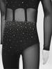 Girls Dance Performance Jumpsuit Full Body Leotard Long Sleeve Mock Neck Mesh Patchwork Keyhole Back Bodysuit